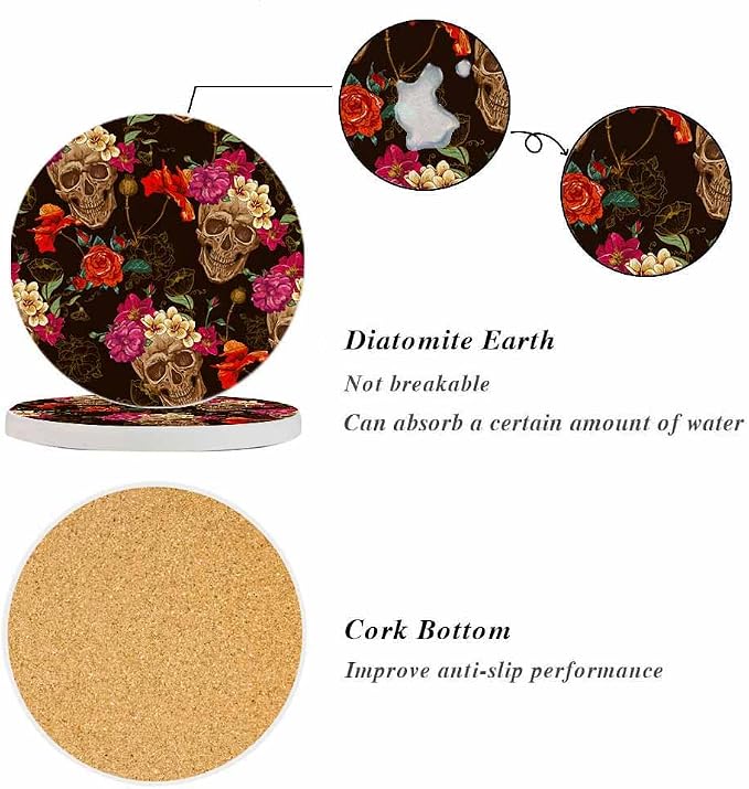 oFloral Skull Coasters for Drinks Rose Flower Bloom Folk Culture Festival Cups - Image 4