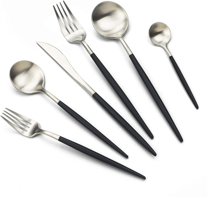 JASHII 18/10 Black Handle Flatware Silver Silverware Set 304 Stainless Steel by JASHII
