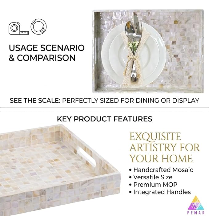 PEMAR Rectangular Mother of Pearl Serving Tray Nacre Wood Lap Ottoman Tray - Image 9