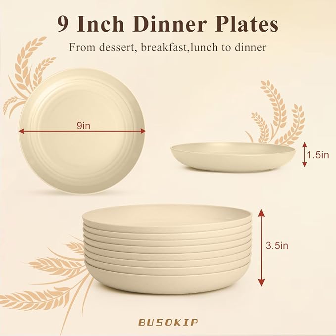 Kitchen Plates Set for 8, Wheat Straw Plate 9 Inch, Unbreakable Party Plates - Image 2