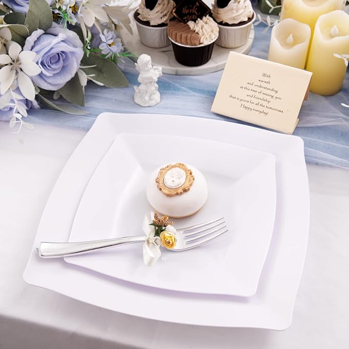 Morejoy 60 Pcs White Square Plastic Plates - Image 4