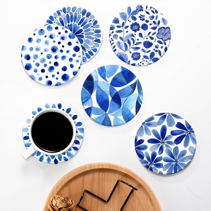 Funny Coasters Set of 6 Round Ceramic Blue Watercolor Textured Coasters - Image 5