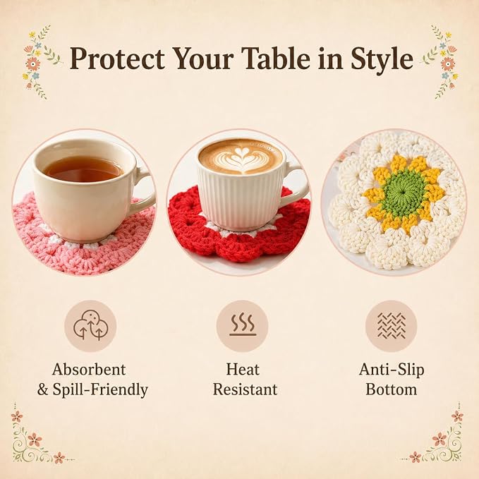 Coasters for Drinks Set of 5, Cute Flower Crochet Drink Coasters for Coffee - Image 4