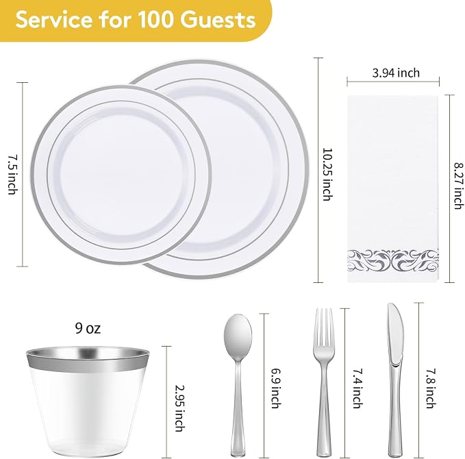 700 Pcs Silver Dinnerware Set for 100 Guests, Disposable Plate Set | Plastic - Image 4