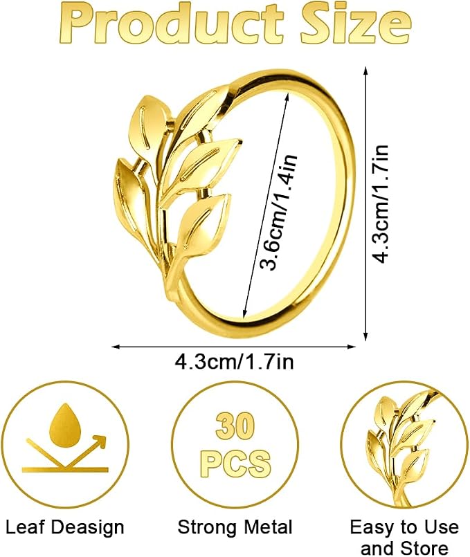50 Pcs Gold Leaf Napkin Rings Set, Metal Napkin Ring Holders Buckles - Image 2