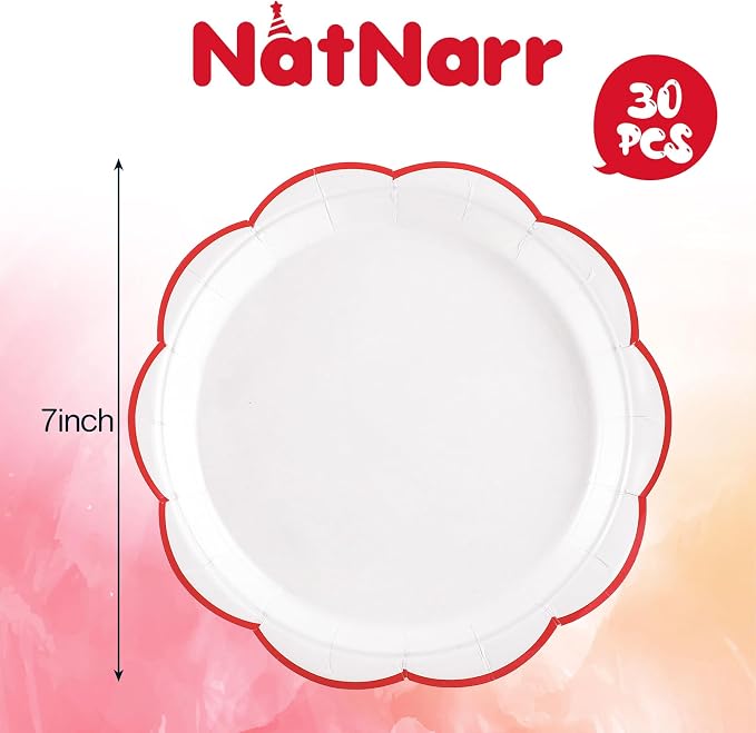 NatNarr 30 Pcs Red and White Paper Plates 7 Inch White Plates - Image 2