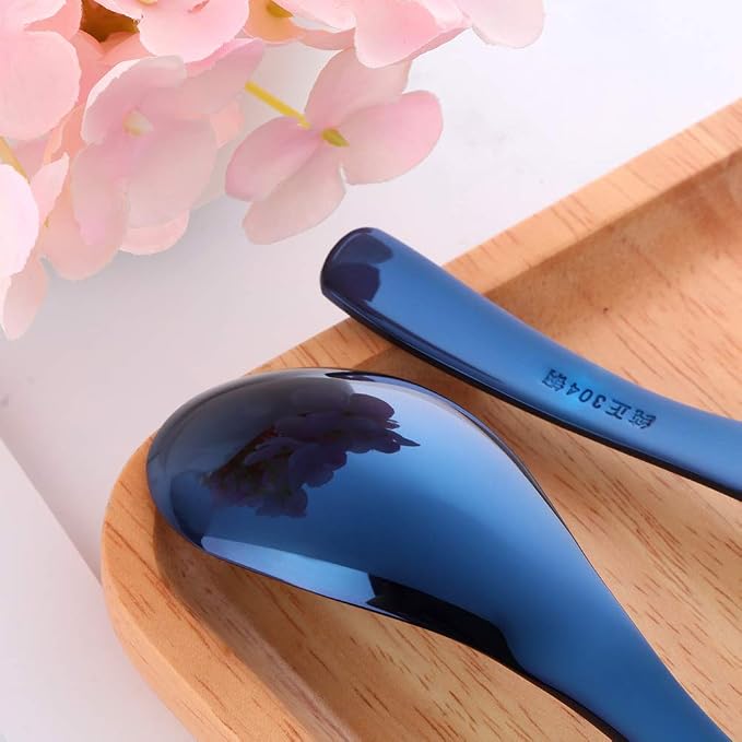 Blue Soup Spoons, Stainless Steel Polished Thick Heavy Duty Asian Rice Table - Image 5