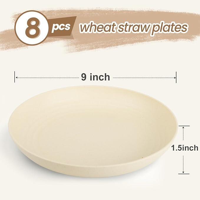 Deep Dinner Plates Set of 8, Wheat Straw Plate 9 Inch, Lightweight and - Image 2