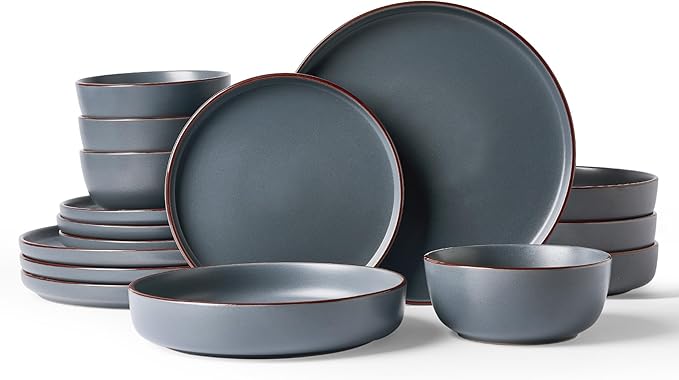 Famiware Mercury 16-Piece Stoneware Plates and Bowls, Charcoal | Dinnerware Set by Famiware