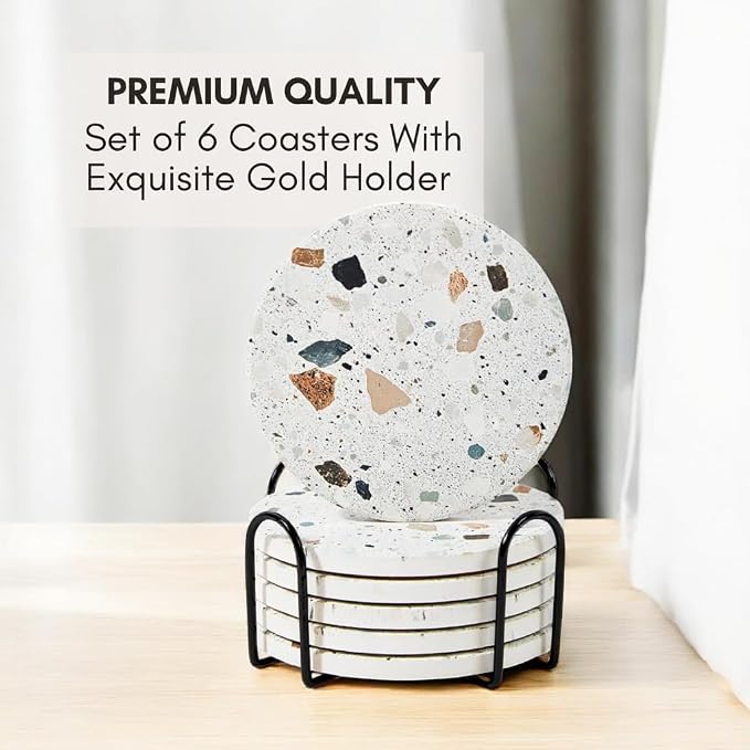 Terrazzo Coasters Set of 6, Colorful Boho Absorbent Ceramic Coasters | Speckled - Image 4