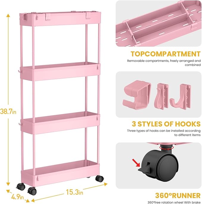 2-piece Set Slim Storage Cart 3 Tier, Bathroom Organizer Rolling Utility - Image 2
