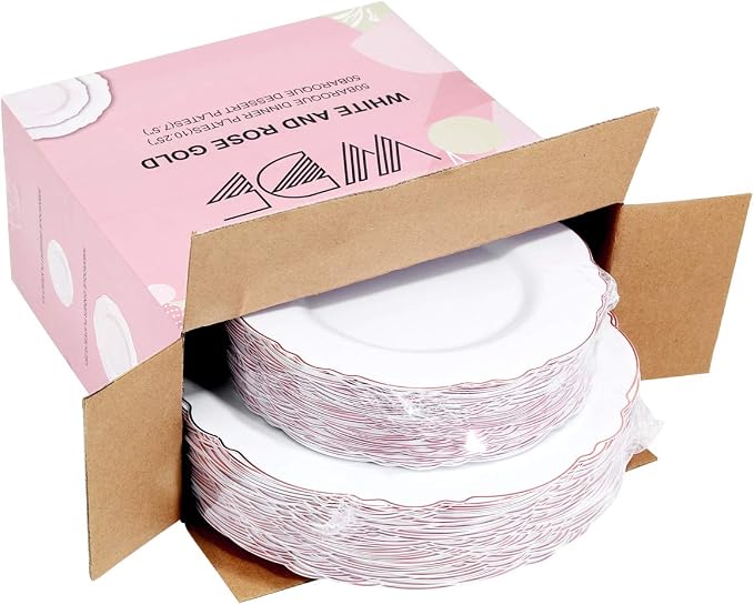 100pcs Rose Gold Plastic Plates-Baroque White &Rose Gold Disposable Plates - Image 4