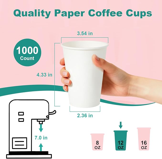 12 oz 1000 Pack Disposable Coffee Cups, Bulk White Disposable Paper Cups - Image 3