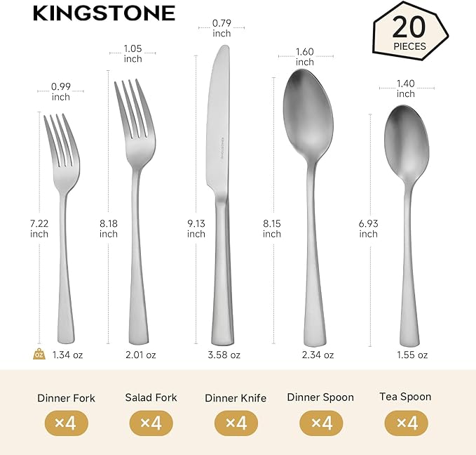 18/10 Flatware set for 4, 20 Piece Matte Stainless Steel Silverware Set | - Image 2