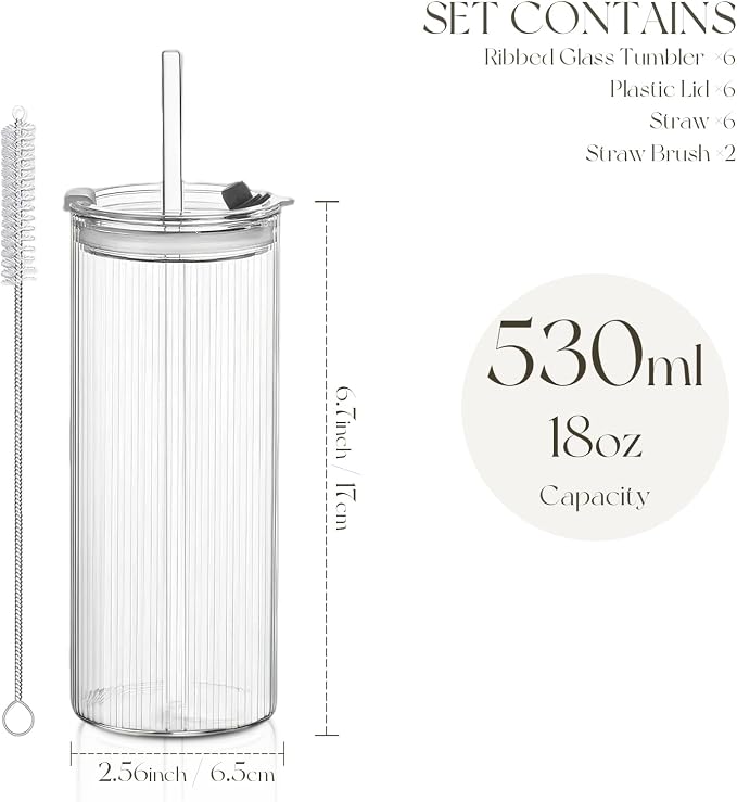 KEMORELA 6-Pack 18oz Ribbed Glass Cups - Image 5