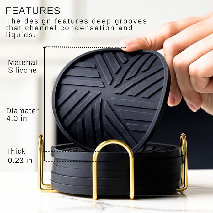 Black Coasters Set of 6 with Gold Holder, Silicone Coffee Mat Style Cup - Image 2
