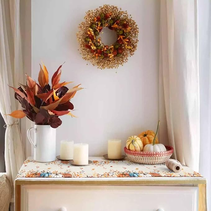 Orange Blue Pumpkin Fall Table Runner 108 Inches Long, Thanksgiving Eucalyptus - Image 3