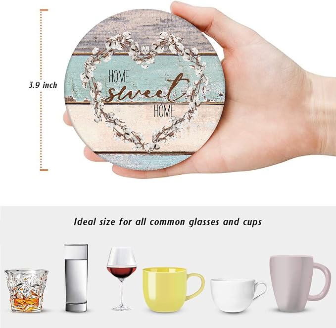 Coasters for Drinks, Ceramic Stone Vintage Blessed Love | Farmhouse Absorbent - Image 2