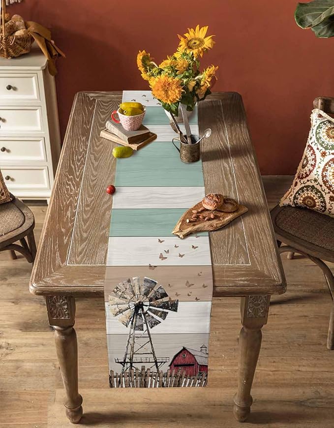 Farmhouse Windmill Short Table Runners 36 Inches, Cotton Linen Fabric Table - Image 4