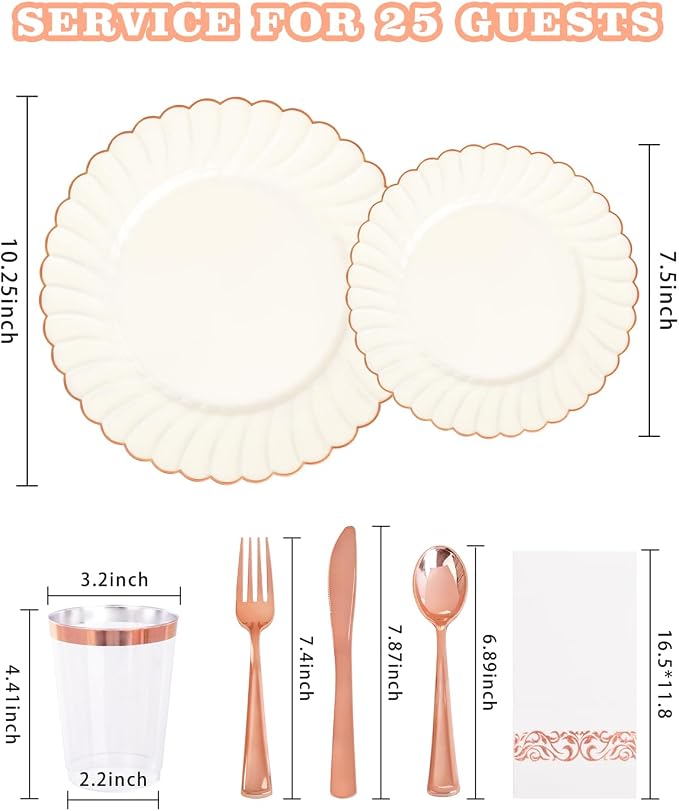 YOUBET 175PCS Ivory Scalloped Plastic Plates - Image 2