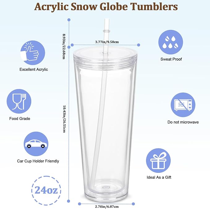 8 Pack 24Oz Snow Globe Tumblers, Double Wall Acrylic Snowglobe Cup - Image 2