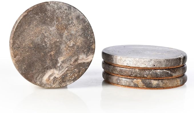 Natural Marble Coasters Set of 4, Round Travertine Coasters 4 Inch, Modern Gray by HAMAKAWA