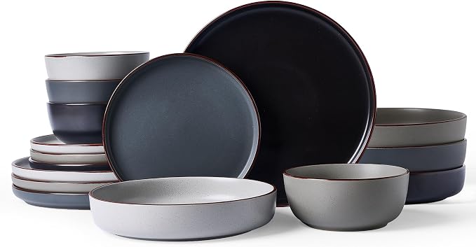 Famiware Mercury 16-Piece Stoneware Plates and Bowls, Warm Hand-Painted Rims by Famiware