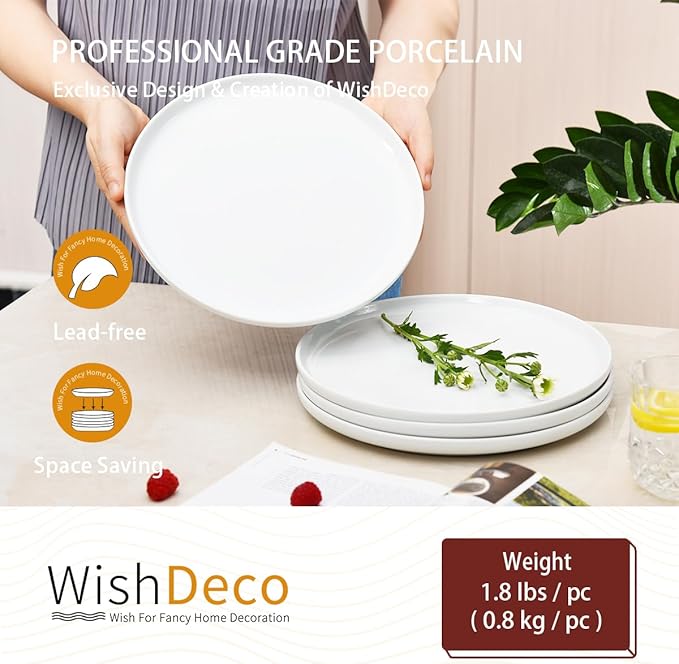 White Dinner Plates Set of 4, Ceramic Dining Plates 10.5 inch, Large Salad Plate - Image 4