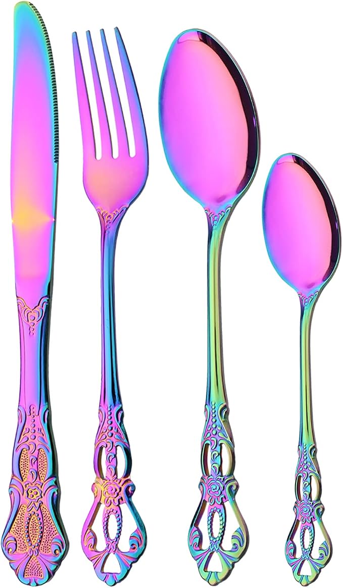8-Piece Luxury Royal Silverware Set, 18/10 Stainless Steel Rainbow Flatware Set by JANKNG
