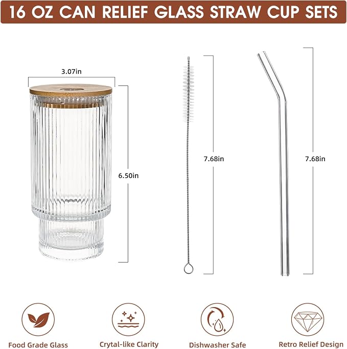 Drinking Glasses with Bamboo Lids and Glass Straw 2pcs Set, 16oz Glass Tumbler - Image 3
