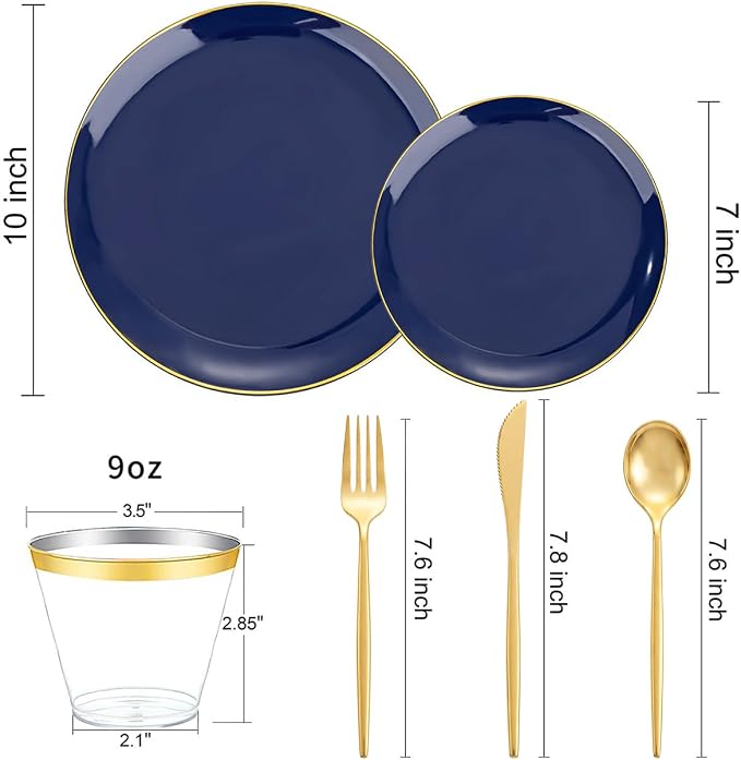 bUCLA 150PCS Blue and Gold Plastic Plates - Image 2
