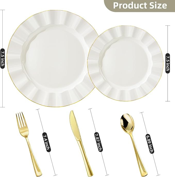 250PCS Ivory Plastic Plates Set, Wavy Plates - Image 2