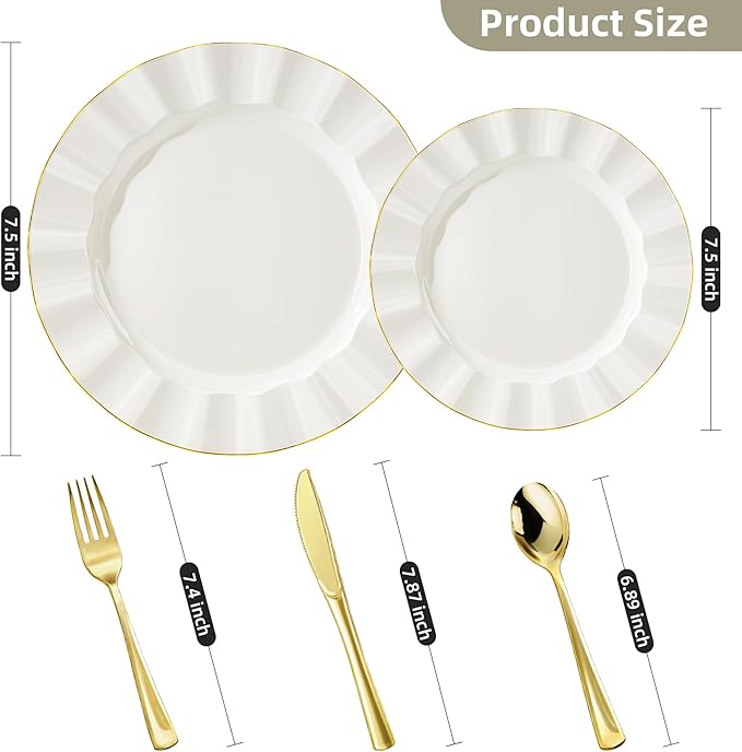 125PCS Ivory Plastic Plates Set, Wavy Plates - Image 2