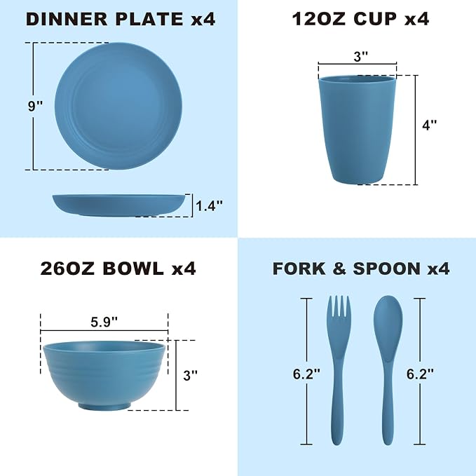 Wheat Straw Dinnerware Sets for 4, Reusable Plastic Dinner Plates, Unbreakable - Image 2