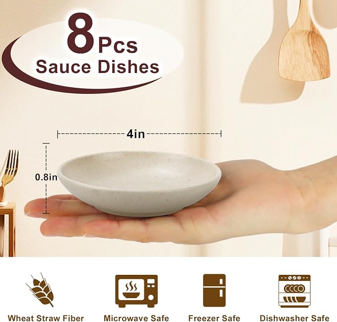 4 Inch Wheat Straw Plates 8 Pieces, Lightweight and Unbreakable Dipping Bowls - Image 2