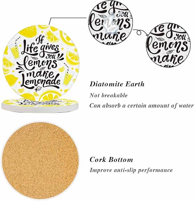 oFloral Lemon Coasters for Drinks Inspirational Quotes Modern Unique Art - Image 4