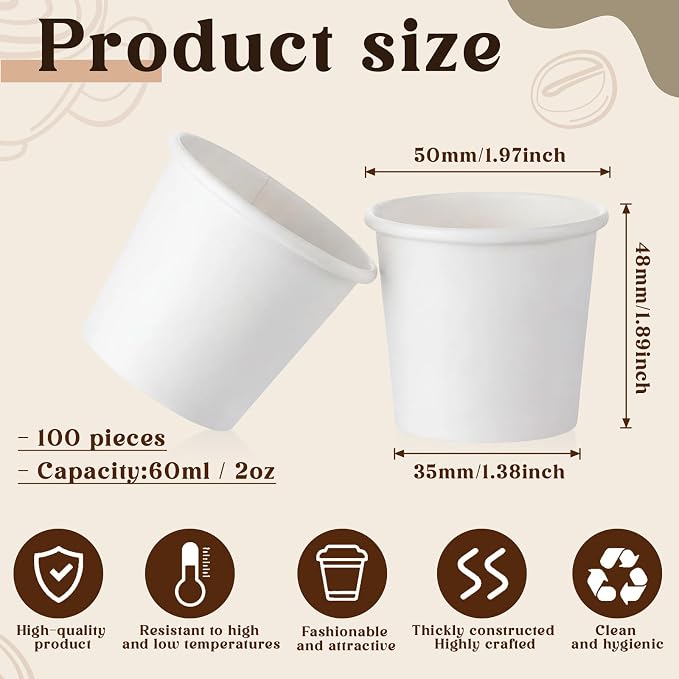 100 Pack 2oz Mini Coffee Cups Disposable Paper Cups Hot or Cold Beverage Cup - Image 2