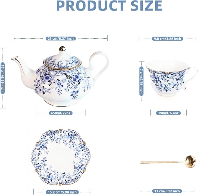 Vintage Porcelain Floral Tea Set — 22oz Teapot + 2 Tea Cup & Saucer Sets + 2 - Image 2