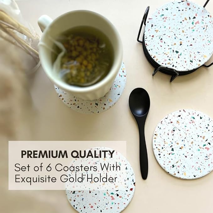Terrazzo Coasters Set of 6, Colorful Boho Absorbent Ceramic Coasters | Speckled - Image 5