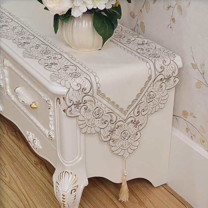 Embroidered Lace Table Runner, Arzoe Elegant Vintage Mantel Scarf, Dresser - Image 7
