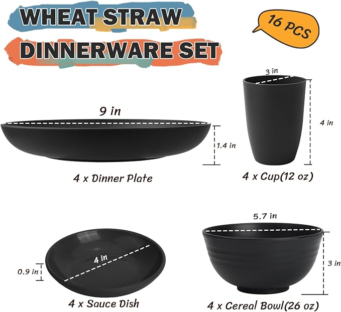 Wheat Straw Dinnerware Sets 16 PCS, Unbreakable Kids Plates and Bowls - Image 3