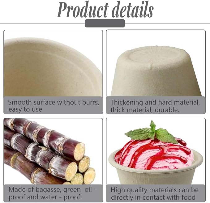 LeonBach 100 Pack 4 oz Natural Bagasse Fiber Paper Bowls, Small Disposable - Image 3