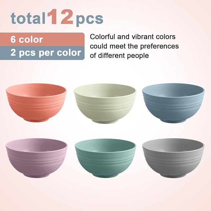 HEYCOME 12 Pcs Unbreakable Cereal Bowls Set, 26 Oz Wheat Straw Bowls Set - Image 3