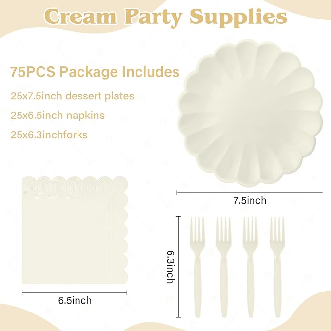 75 Pcs Ivory Paper Plates and Napkins Disposable Tableware Set Include Cream - Image 2