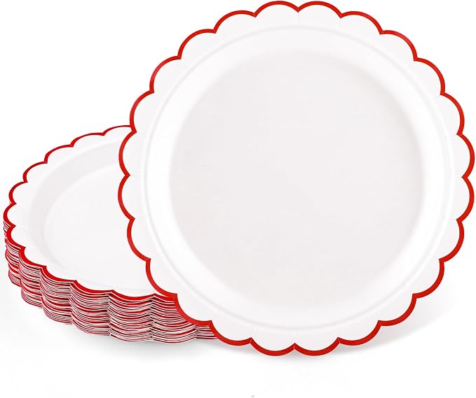NatNarr 30 Pk Red Paper Plates 7" Scalloped Red White Dessert Cake Plates | by NatNarr