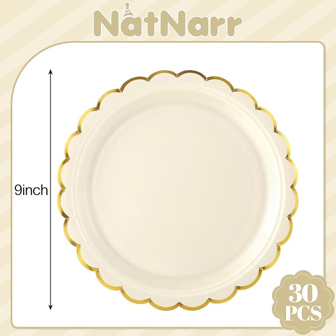NatNarr 30 Pk Ivory Paper Plates 9" Scalloped Cream Plates - Image 2