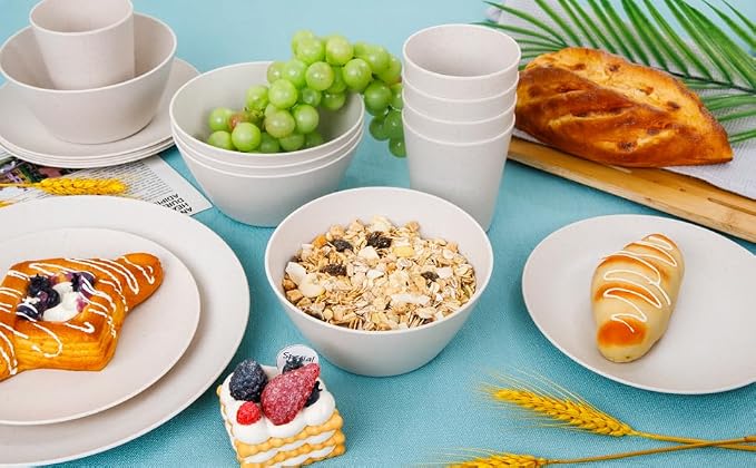 32Pcs Reusable Cream Wheat Straw Dinnerware Plates and Bowls Sets | Unbreakable - Image 2