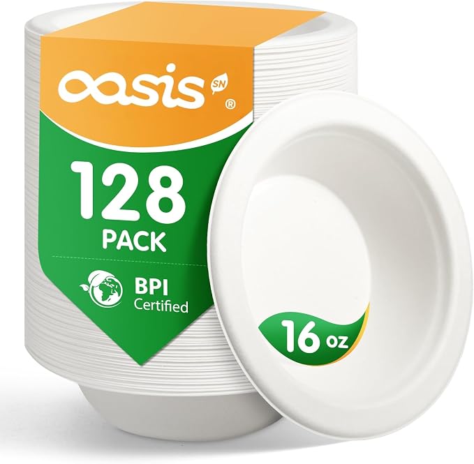 16 oz 128-Pack Compostable Paper Bowls, Disposable Salad & Soup Bowls, by SustainableSolutions