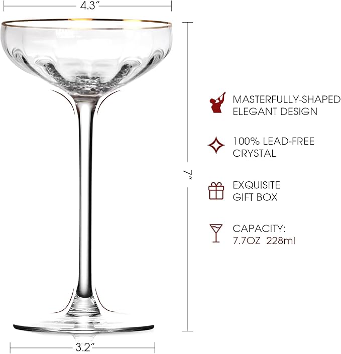 Vintage Coupe Glasses Set of 4, 7.7oz Martini Glasses, Tall Stemmed Cocktail - Image 2