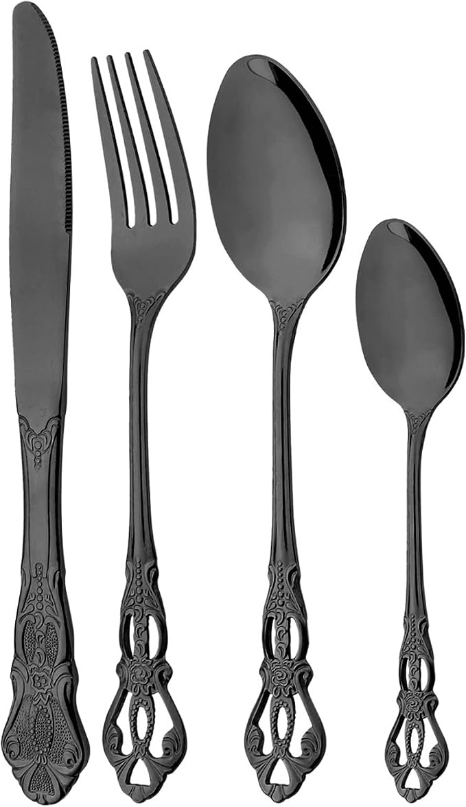 Mirror Polished Black Silverware Set, 24-Piece 18/10 Stainless Steel Shiny by JANKNG
